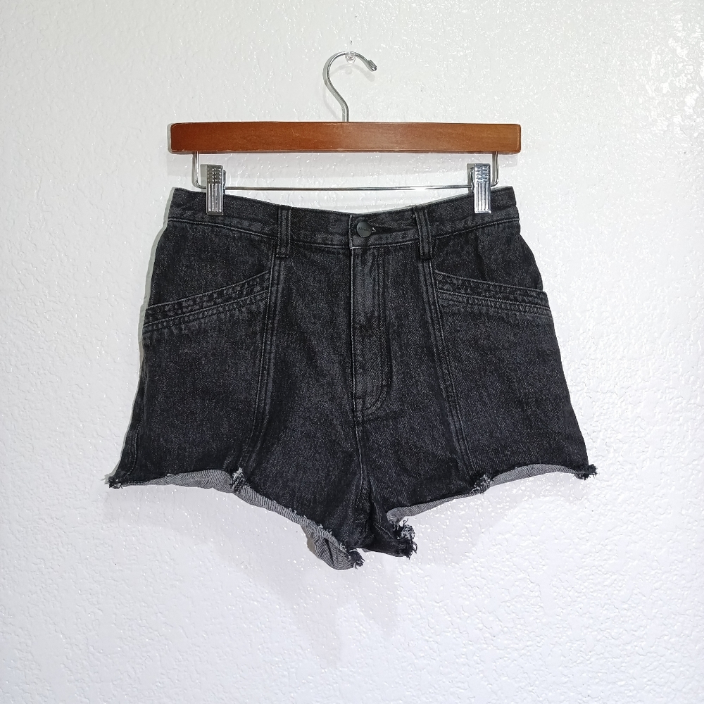 Afends High Waist Patch Pocket Raw Cut Shorts Stone Wash Black (Sz 6)
